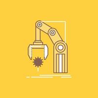 automatización. fábrica. mano. mecanismo. icono lleno de línea plana del paquete. hermoso botón de logotipo sobre fondo amarillo para ui y ux. sitio web o aplicación móvil vector