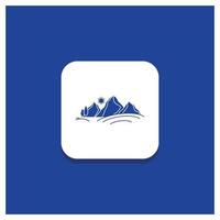 Blue Round Button for hill. landscape. nature. mountain. sun Glyph icon vector