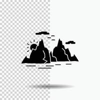 montaña. Cerro. paisaje. naturaleza. icono de glifo de sol sobre fondo transparente. icono negro vector