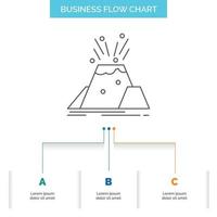 desastre. erupción. volcán. alerta. diseño de diagrama de flujo de negocios de seguridad con 3 pasos. icono de línea para el lugar de plantilla de fondo de presentación para texto vector