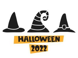 Halloween 2022 - October 31. A traditional holiday. Trick or treat. Vector illustration in hand-drawn doodle style. Set of silhouettes of a witch s hat.