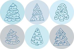 A set of hand-drawn christmas trees. Vector illustration in doodle style. Winter mood. Hello 2023. Merry Christmas and Happy New Year. Blue elements on a blue background.