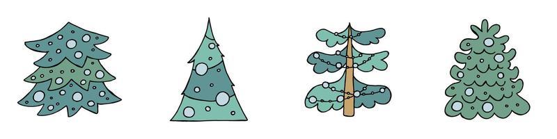 A hand-drawn christmas tree. Vector illustration in doodle style. Winter mood. Hello 2023. Merry Christmas and Happy New Year. Green trees with a blue toys on a white background.