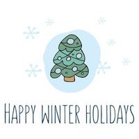 A hand-drawn christmas tree. Colored vector illustration in doodle style. Winter mood. Hello 2023. Merry Christmas and Happy New Year. Green tree with a blue toys and snowflakes on a white background.