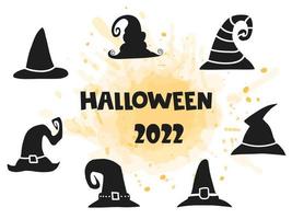 Halloween 2022 - October 31. A traditional holiday. Trick or treat. Vector illustration in hand-drawn doodle style. Set of silhouettes of a witch s hat with an orange watercolor spot.
