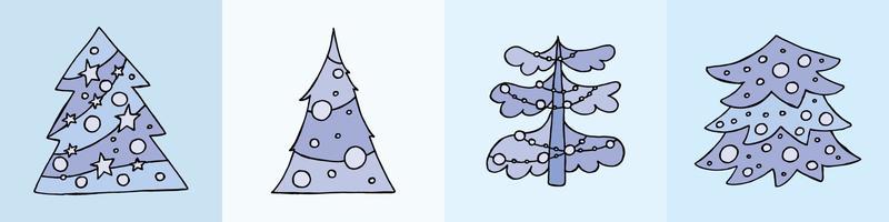 A hand-drawn christmas tree. Vector illustration in doodle style. Winter mood. Hello 2023. Merry Christmas and Happy New Year. Blue trees with a toys on a blue background.