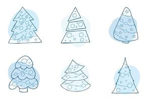 A set of hand-drawn christmas trees. Vector illustration in doodle style. Winter mood. Hello 2023. Merry Christmas and Happy New Year. Blue elements on a white background.