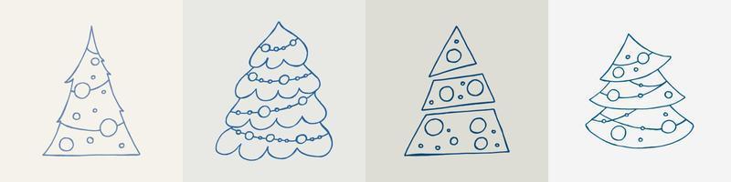 A set of hand-drawn christmas trees. Vector illustration in doodle style. Winter mood. Hello 2023. Merry Christmas and Happy New Year. Blue elements on a gray background.