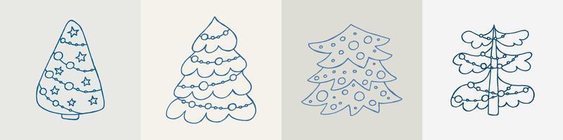 A set of hand-drawn christmas trees. Vector illustration in doodle style. Winter mood. Hello 2023. Merry Christmas and Happy New Year. Blue elements on a gray background.