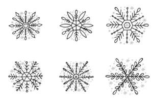 un conjunto de copos de nieve dibujados a mano. ilustración vectorial en estilo garabato. estado de ánimo de invierno. hola 2023. feliz navidad y próspero año nuevo. elementos negros y grises sobre un fondo blanco. vector