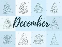 A set of hand-drawn christmas trees. Vector illustration in doodle style. Winter mood. Hello 2023. Merry Christmas and Happy New Year. Gray elements with a snowflakes on a white background.