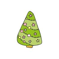 A hand-drawn christmas tree. Colored vector illustration in doodle style. Winter mood. Hello 2023. Merry Christmas and Happy New Year. Green tree with a yellow and pink toys on a white background.