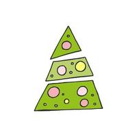 A hand-drawn christmas tree. Colored vector illustration in doodle style. Winter mood. Hello 2023. Merry Christmas and Happy New Year. Green tree with a yellow and pink toys on a white background.