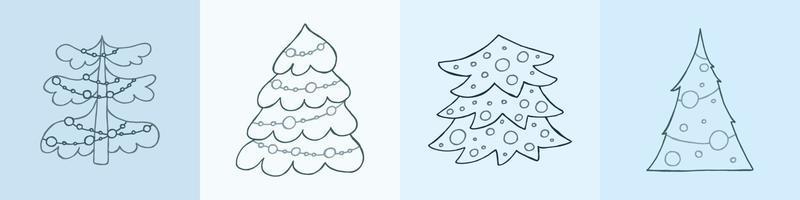 A set of hand-drawn christmas trees. Vector illustration in doodle style. Winter mood. Hello 2023. Merry Christmas and Happy New Year. Gray elements on a blue background.