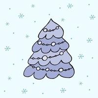 A hand-drawn christmas tree. Colored vector illustration in doodle style. Winter mood. Hello 2023. Merry Christmas and Happy New Year. Blue tree with toys on a background with a snowflakes.