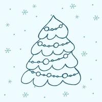 un árbol de navidad dibujado a mano. ilustración vectorial en estilo garabato. estado de ánimo de invierno. hola 2023. feliz navidad y próspero año nuevo. elemento azul oscuro con copos de nieve sobre un fondo azul. vector