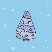 A hand-drawn christmas tree. Colored vector illustration in doodle style. Winter mood. Hello 2023. Merry Christmas and Happy New Year. Blue tree with toys on a background with a snowflakes.