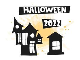 Halloween 2022 - October 31. A traditional holiday. Trick or treat. Vector illustration in hand-drawn doodle style. Set of silhouettes of festive horrible houses with an orange watercolor spot.