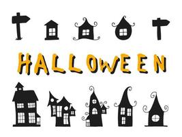 Halloween 2022 - October 31. A traditional holiday. Trick or treat. Vector illustration in hand-drawn doodle style. Set of silhouettes of festive terrible houses and signs.