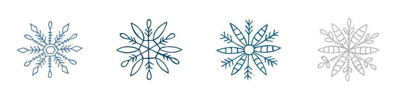 A set of hand-drawn snowflakes. Vector illustration in doodle style. Winter mood. Hello 2023. Merry Christmas and Happy New Year. Blue and gray elements on a white background.