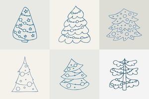 A set of hand-drawn christmas trees. Vector illustration in doodle style. Winter mood. Hello 2023. Merry Christmas and Happy New Year. Blue elements on a gray background.