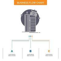 edificio. ciudad inteligente. tecnología. satélite. diseño de diagrama de flujo de negocios corporativos con 3 pasos. icono de glifo para el lugar de plantilla de fondo de presentación para texto. vector