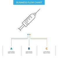 syringe. injection. vaccine. needle. shot Business Flow Chart Design with 3 Steps. Line Icon For Presentation Background Template Place for text vector