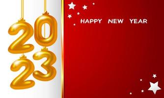 Happy New Year 2023. Holiday vector illustration of golden metallic numbers 2023. Realistic 3d sign. Festive poster or banner design. Art with space to add texts.