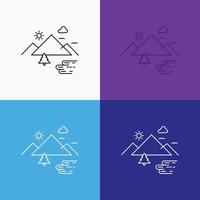 Mountains. Nature. Outdoor. Clouds. Sun Icon Over Various Background. Line style design. designed for web and app. Eps 10 vector illustration