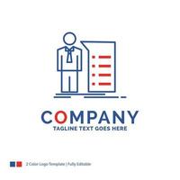 Company Name Logo Design For Business. explanation. graph. meeting. presentation. Blue and red Brand Name Design with place for Tagline. Abstract Creative Logo template for Small and Large Business. vector