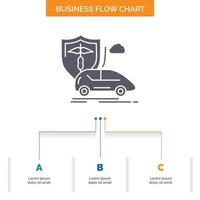 car. hand. insurance. transport. safety Business Flow Chart Design with 3 Steps. Glyph Icon For Presentation Background Template Place for text. vector