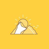 Cerro. paisaje. naturaleza. montaña. icono lleno de línea plana de sol. hermoso botón de logotipo sobre fondo amarillo para ui y ux. sitio web o aplicación móvil vector