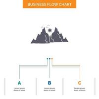 mountain. landscape. hill. nature. sun Business Flow Chart Design with 3 Steps. Glyph Icon For Presentation Background Template Place for text. vector