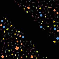 Vector abstract Black Background with many falling tiny colorful confetti pieces and ribbon. Carnival. Christmas or New Year decoration colorful party pennants for birthday. festival