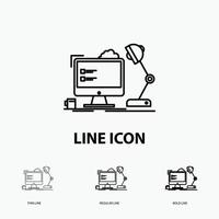 workplace. workstation. office. lamp. computer Icon in Thin. Regular and Bold Line Style. Vector illustration