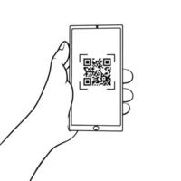 Hand holding a mobile phone with QR code on the screen. QR code scanning  in smartphone. Barcode scanner for pay, web, app, promo. vector