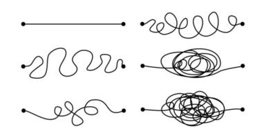 Hard, medium and easy way solution concept illustrated by tangled and straight lines. Complicated and simple path decision. vector