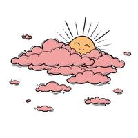 Sun and Cloud kids drawing for nursery in cartoon outline style. Girl pink vector illustration isolated