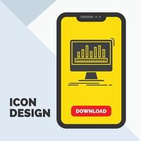 analítica. Procesando. tablero. datos. icono de glifo de estadísticas en el móvil para la página de descarga. fondo amarillo vector