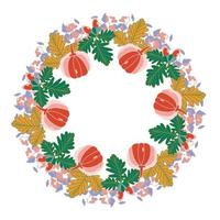 Autumn holiday wreath with pumpkins, oak leaves, and eucalyptus branches vector illustration