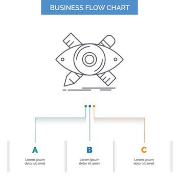 design. designer. illustration. sketch. tools Business Flow Chart Design with 3 Steps. Line Icon For Presentation Background Template Place for text vector