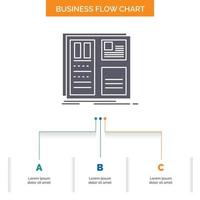 Design. grid. interface. layout. ui Business Flow Chart Design with 3 Steps. Glyph Icon For Presentation Background Template Place for text. vector