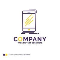 Company Name Logo Design For Device. mobile. phone. smartphone. telephone. Purple and yellow Brand Name Design with place for Tagline. Creative Logo template for Small and Large Business. vector