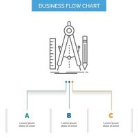 Build. design. geometry. math. tool Business Flow Chart Design with 3 Steps. Line Icon For Presentation Background Template Place for text vector