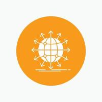 globe. network. arrow. news. worldwide White Glyph Icon in Circle. Vector Button illustration
