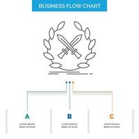 battle. emblem. game. label. swords Business Flow Chart Design with 3 Steps. Line Icon For Presentation Background Template Place for text vector