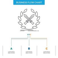 batalla. emblema. juego. etiqueta. diseño de diagrama de flujo de negocios de espadas con 3 pasos. icono de línea para el lugar de plantilla de fondo de presentación para texto vector