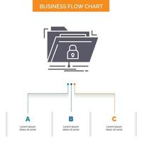 encryption. files. folder. network. secure Business Flow Chart Design with 3 Steps. Glyph Icon For Presentation Background Template Place for text. vector