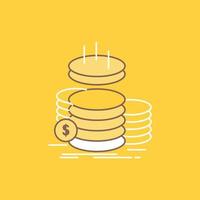 coins. finance. gold. income. savings Flat Line Filled Icon. Beautiful Logo button over yellow background for UI and UX. website or mobile application vector