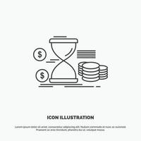 Hourglass. management. money. time. coins Icon. Line vector gray symbol for UI and UX. website or mobile application